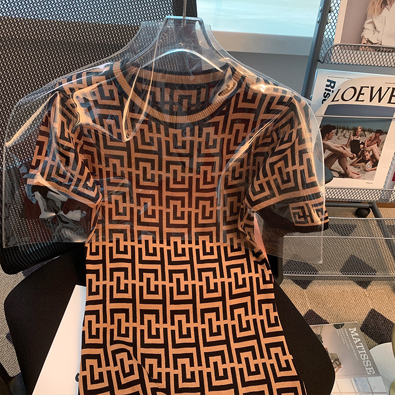 Luxury Brand Designer Clothes Little Style Jacquard Ice Silk Knitted Dress For Women Summer New Korean Version Slim Waist Slimming Bodycon Mid-Length 