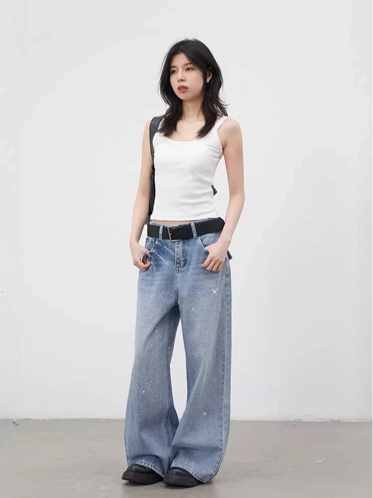 CHIC VEN Fashion Women Jeans Blue Loose New Design Hotfix Rhinestone Female Straight Leg Denim Pants Spring Autumn 2026T260317