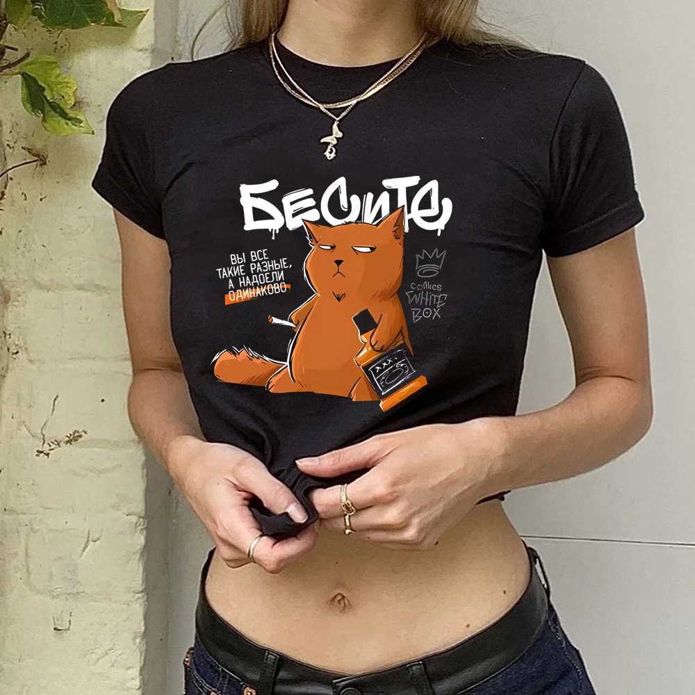 Russian Script Prints T Shirt Women Summer T-shirts Female Comic ClothesT260317