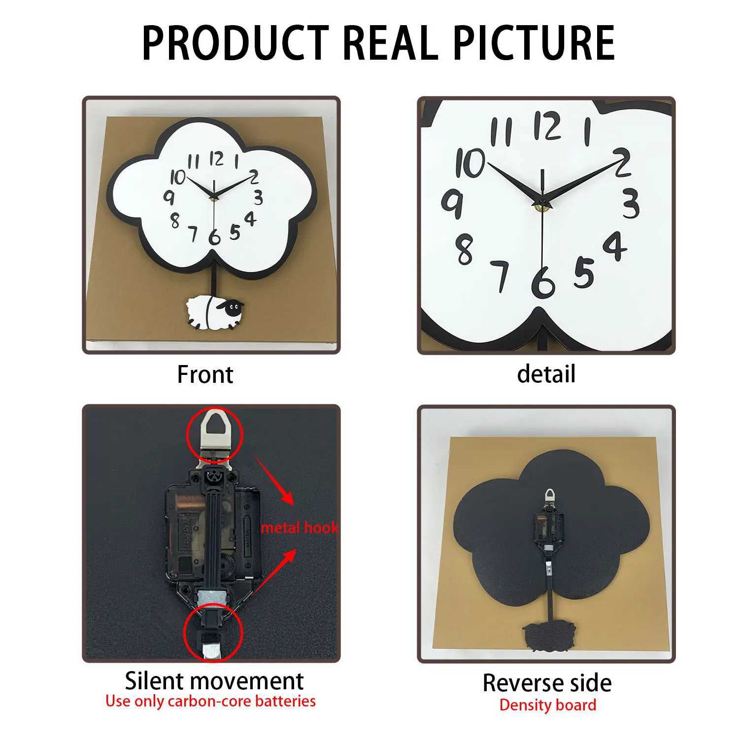 Wooden Cloud Sheep Large Swing Wall Clock Battery Powered Silent Swing Clock Living Room Bedroom Home Kitchen Aesthetic Room Decoration Wall Clock Uni