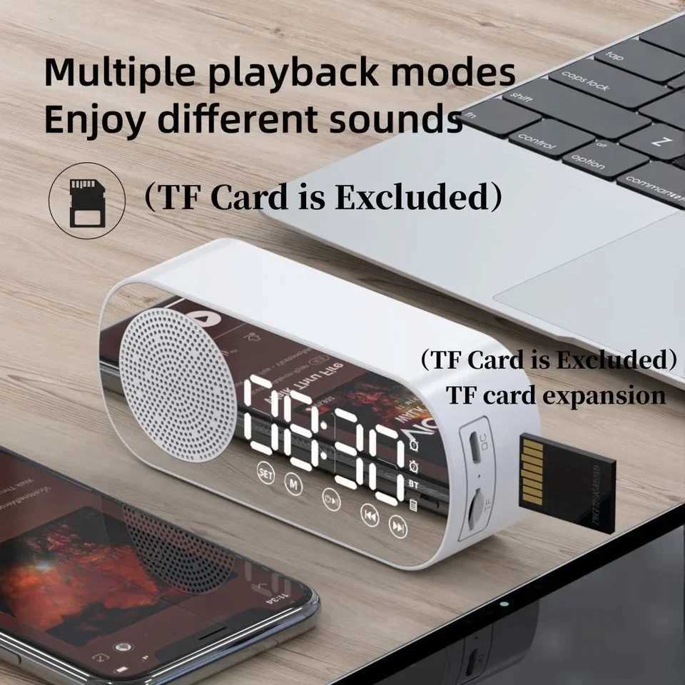 Mini Mirror Digital Alarm Clock Timer Rechargable Wireless Clock 2 Alarms FM Radio Wireless Speaker Subwoofer Desktop LED Clock D260318