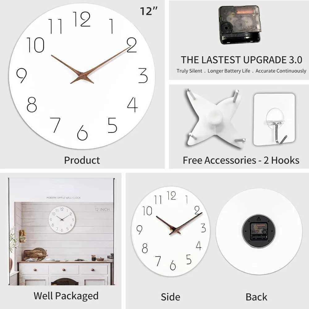 Wall Clock 12 Inch Silent Non Ticking Wood Wall Clocks Battery Operated Wooden White Modern Simple Minimalist Hanging Wall Clock D260318