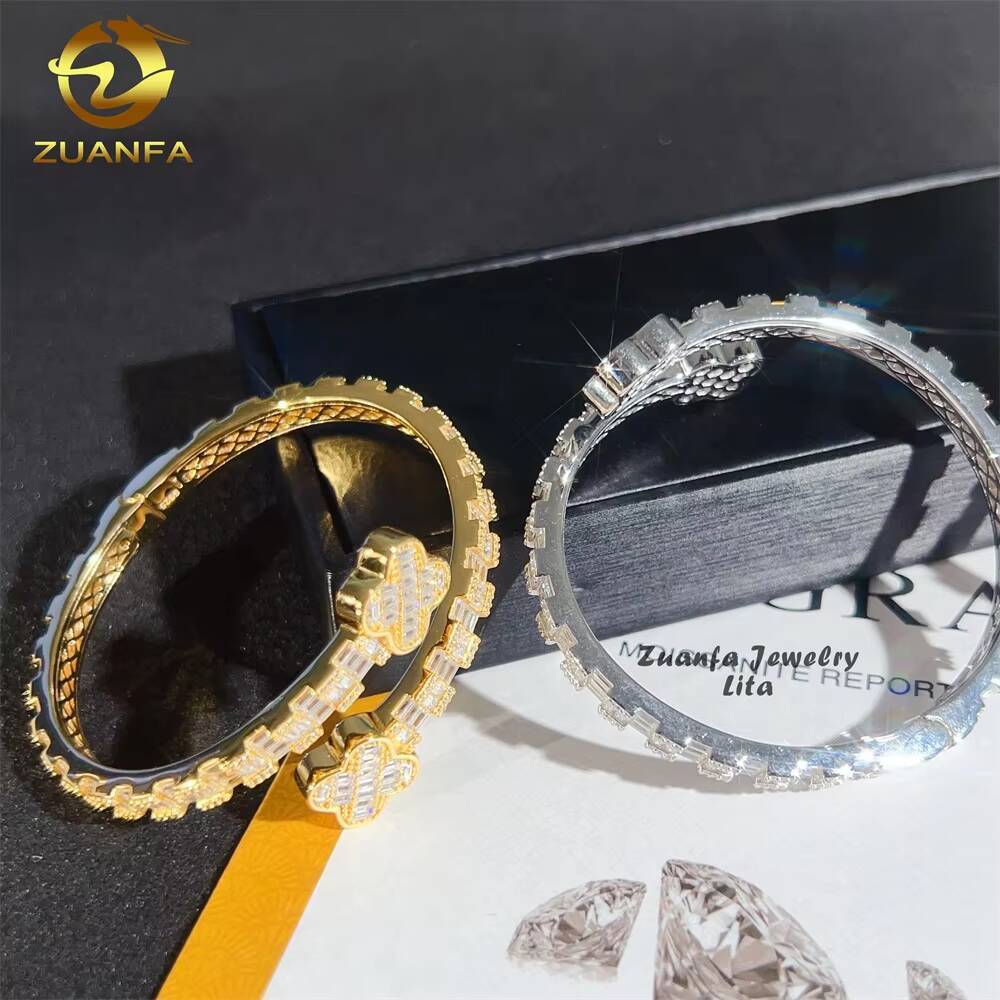 925 Sterling Silver Fashion Jewelry Four Leaf Clover Hip Hop Moissanite Diamonds Gold Plated Bracelet Bangles