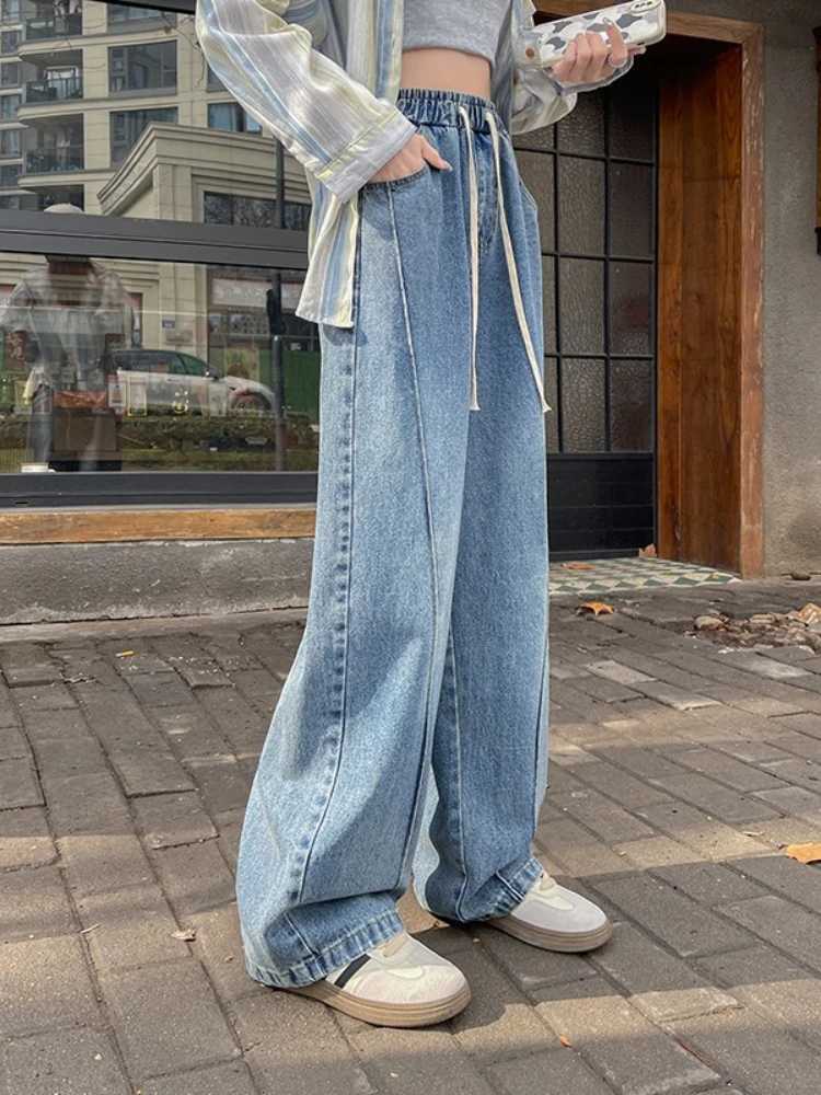 2026 Spring New Womens Trendy Wide Leg Jeans High Waist Slimming Drawstring Tie Elastic Waist Floor-Length Curved Sickle PantsT260317