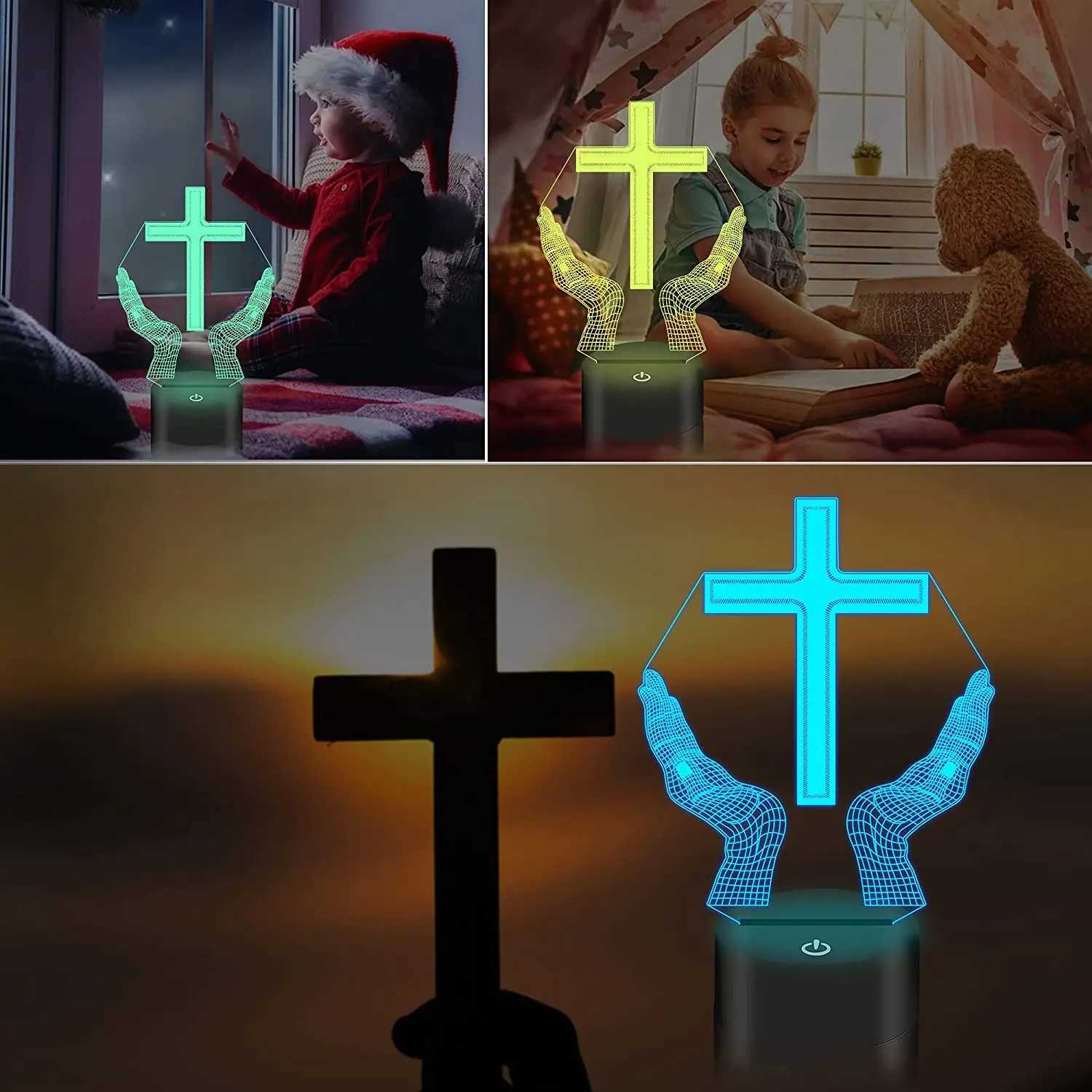 Jesus Cross 3D LED Night Light for Friends Xmas Easter Room Decor Gifts Crucifix Optical Illusion Desk Table Lamp Nightlight H260318