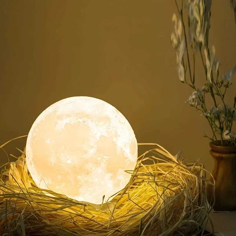 LED night light 3D printed moon lamp 12CM battery-powered with stand starry sky light three-color bedroom decoration gift H260318