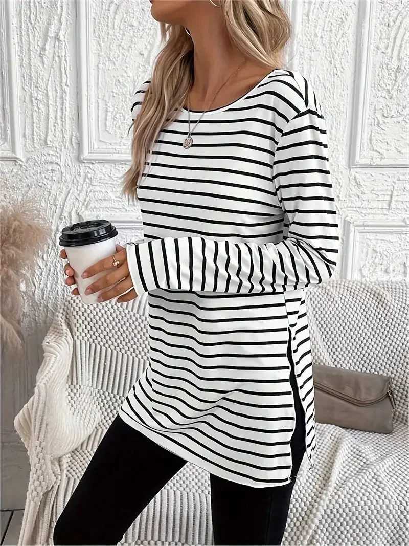 Stripe print crew neck t-shirt casual long sleeve slit t-shirt spring and autumn womens wearT260317