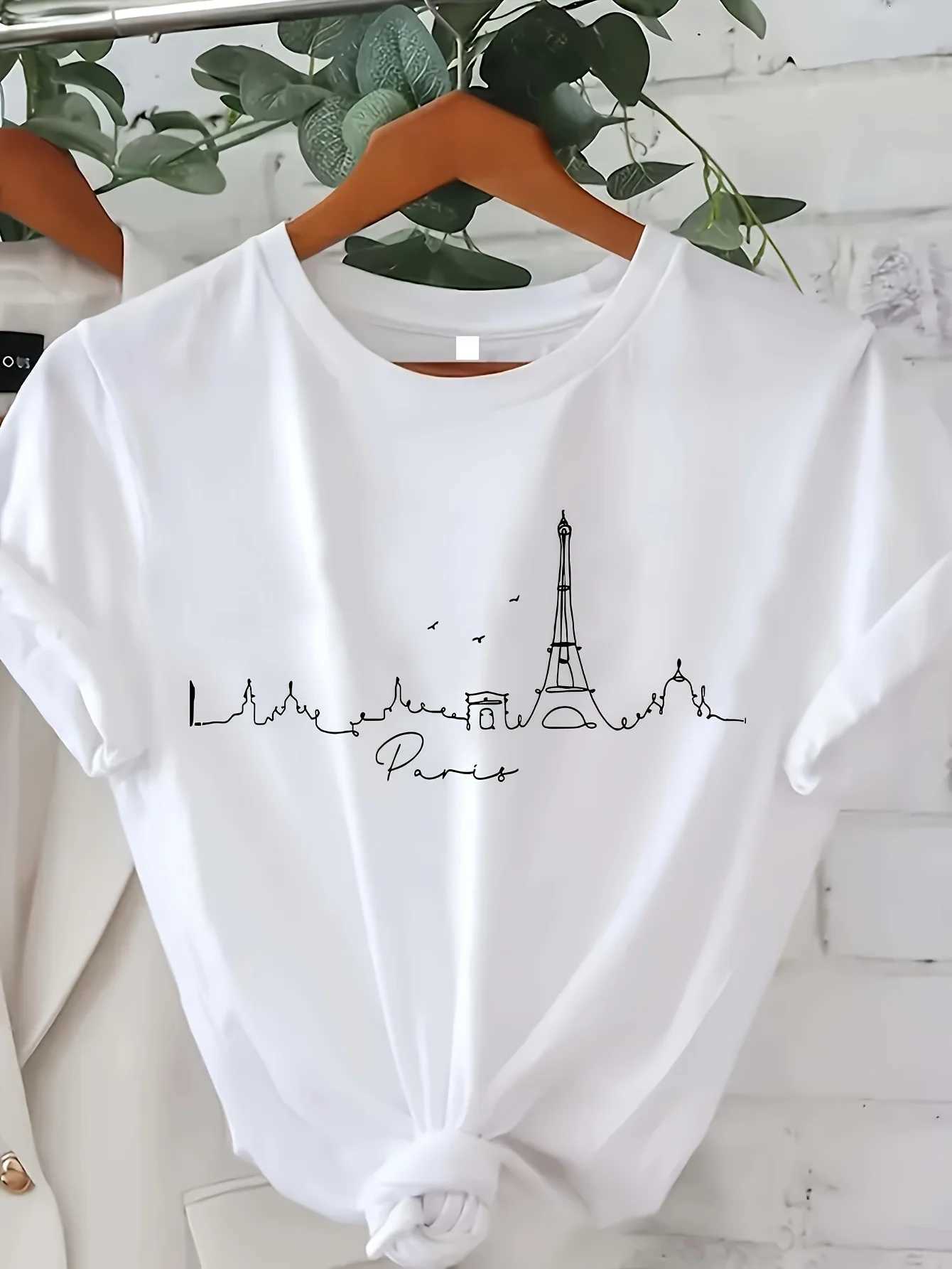 Chic Paris-Inspired Womens T-Shirt - Casual Short Sleeve Crew Neck Breathable Polyester - Perfect for Spring SummerT260317