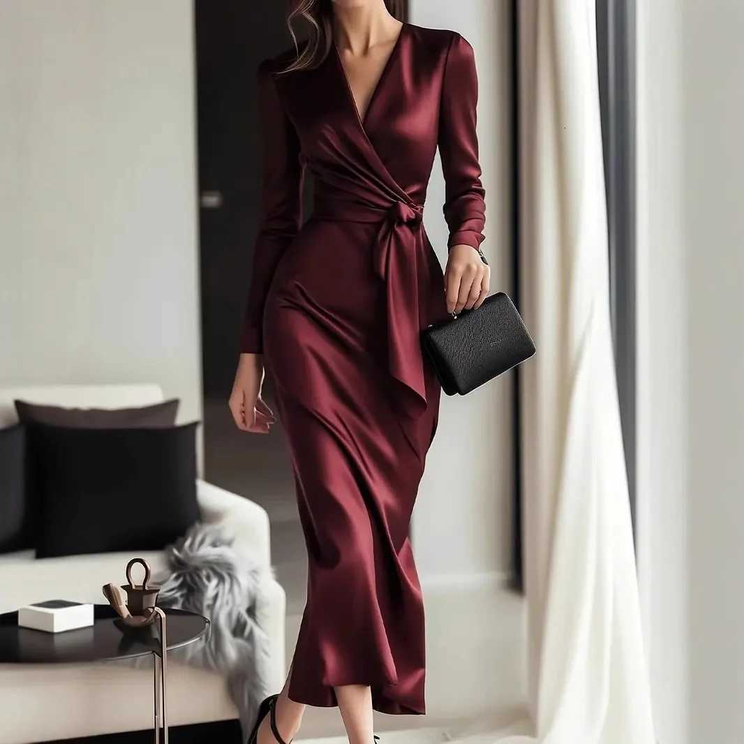 Ele Solid Color Slim Banquet Dress Casual Lady Long Sve Wrap Hips Party Dress Sexy V-neck High Waist Lace Up Satin DressXJ260318