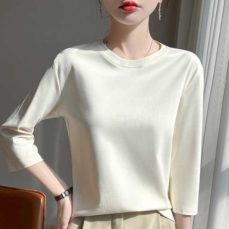 Summer Cotton Short-Sleeved T-Shirt Womens Round Neck Seven-Point Sleeves Loose Mercerized Cotton Half-Sleeve Shirt New T-shirtT260317