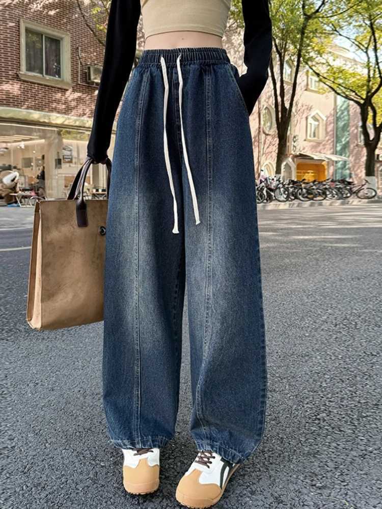 Spring Summer Women Jeans European Style High Waist Slimming Loose Straight Floor Length Harem Wide Leg Trousers Sickle PantsT260317