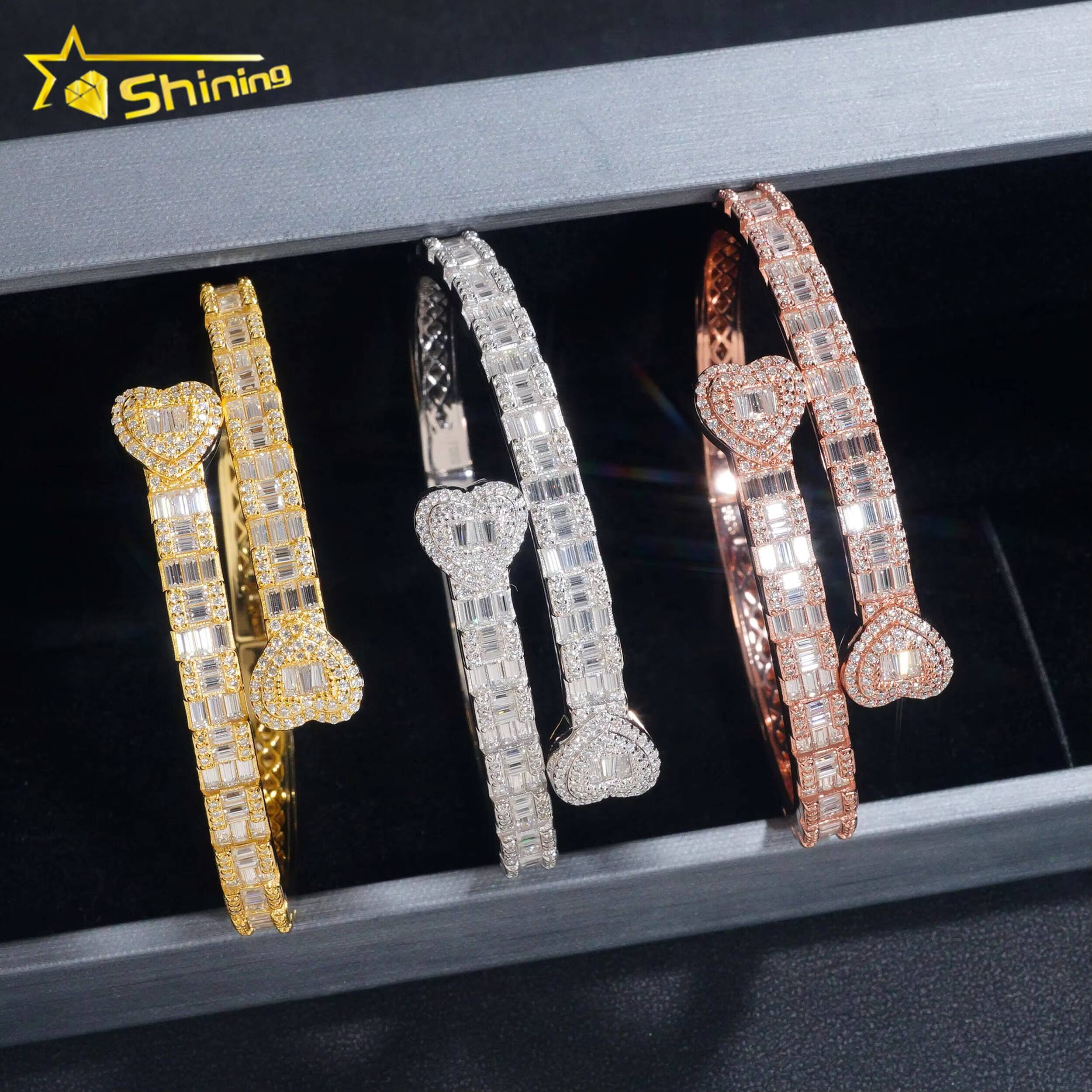 Heart Style Bangle Iced Out Bracelet Moissanite S925 Silver Baguette Moissanite Diamond Bracelet