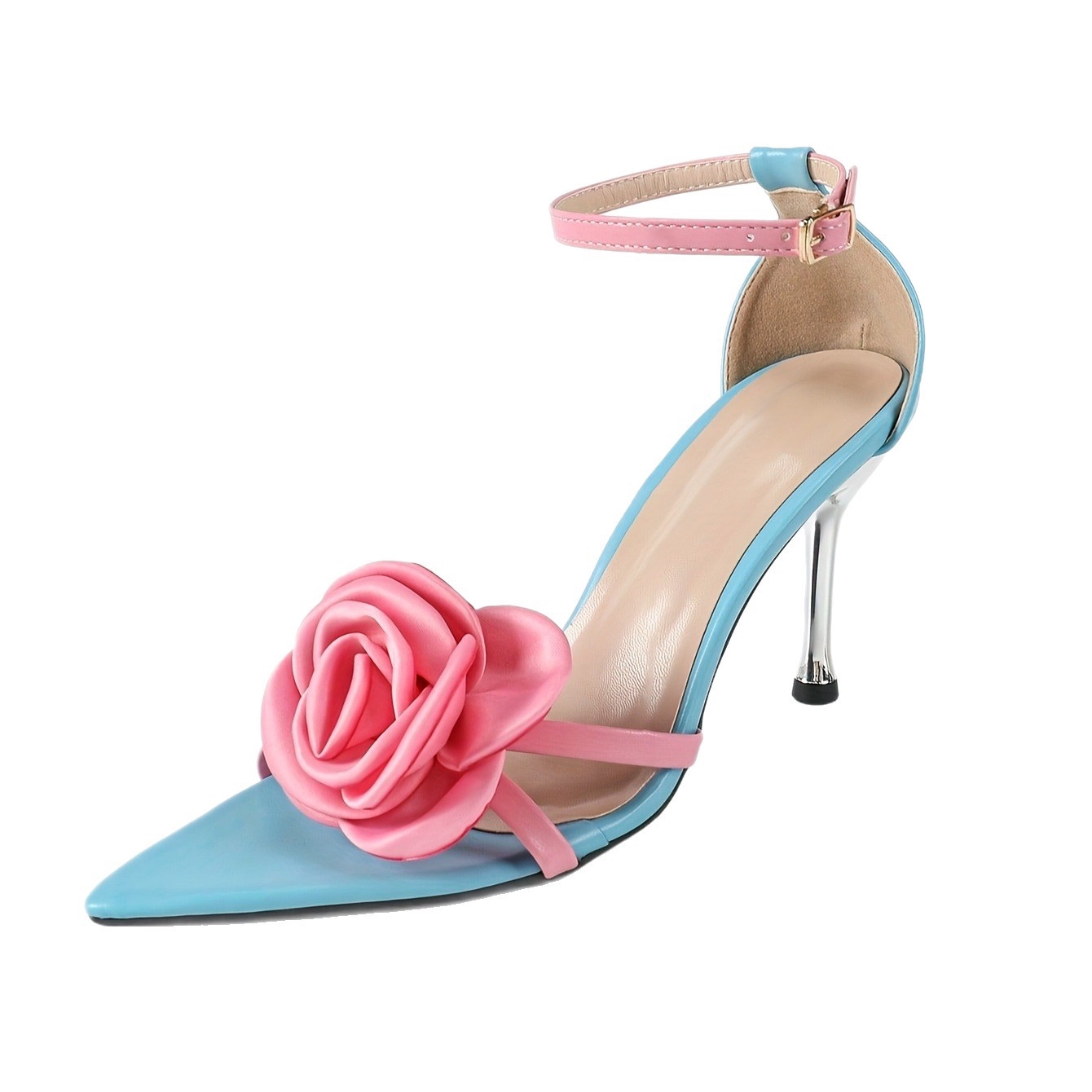 2026 Women's Light Blue Pink Satin Rose Stiletto Sandals, Pointed Toe Ankle Strap High Heels for Party Wedding