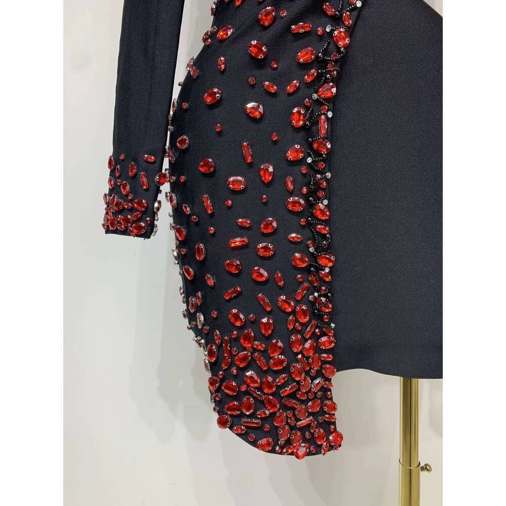 Luxury Birthday Women Celebrity Sexy Long Sleeve V Neck Rhinestone Black Bandage Dress Elegant Evening Club Party Dresses Gowns Dress Elegant