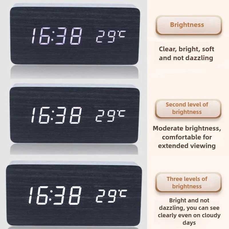 Retro Wooden Digital Alarm Clock with LED Display Temperature Sensor Silent Night Light for Office/Bedroom/Living Room D260318