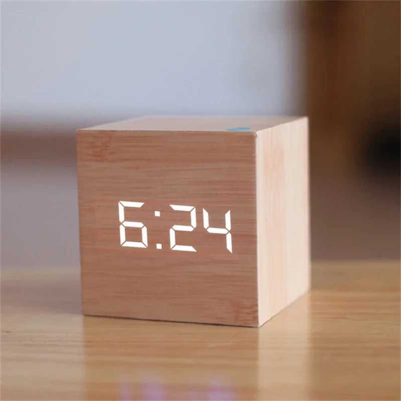 Digital LED Alarm Clock Square Wooden Retro Luminous Clock Desktop Decoration Voice Control Function Desktop Clock D260318