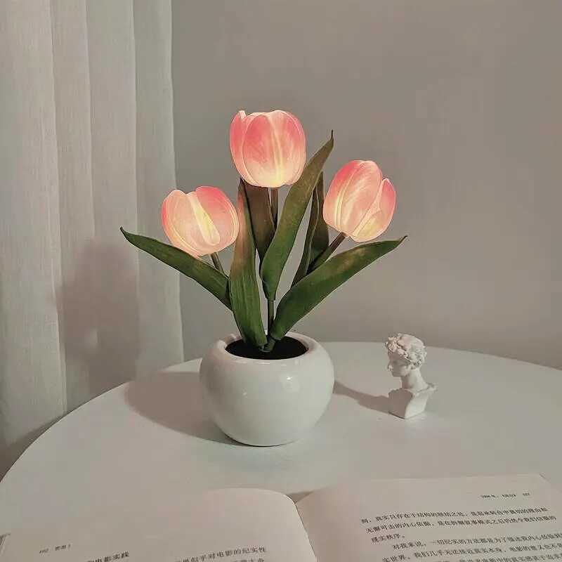 LED Tulip Night Light Can Be Plugged In Or On The Battery Bedroom Room Dormitory Bedside Ambient Light White / Pink Sleep Light H260318