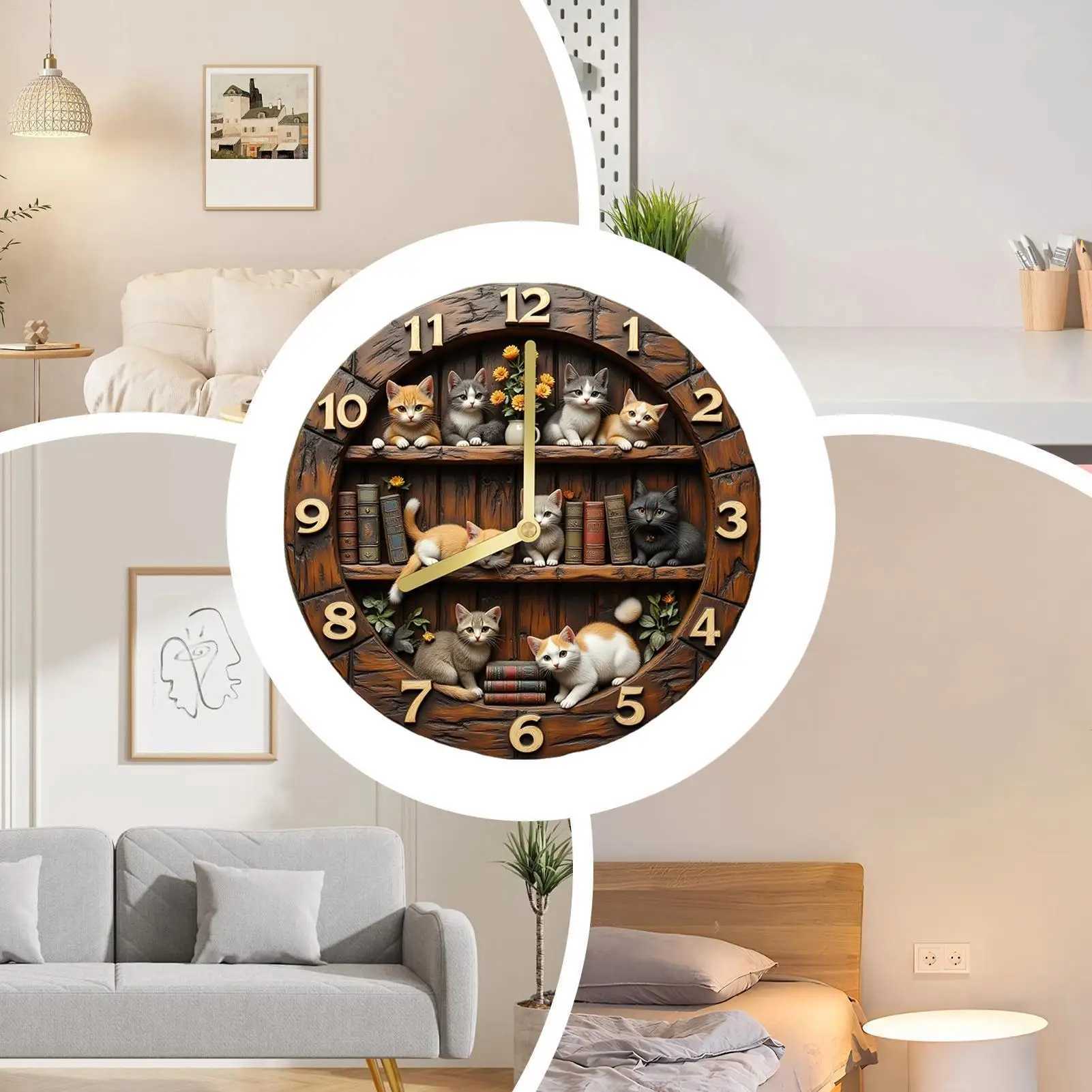 Cat Theme Wooden Wall Clock 12 Inch Cute Animal Decoration for Living Room Bedroom Farmhouse Home Office Decor Silent Clock D260318