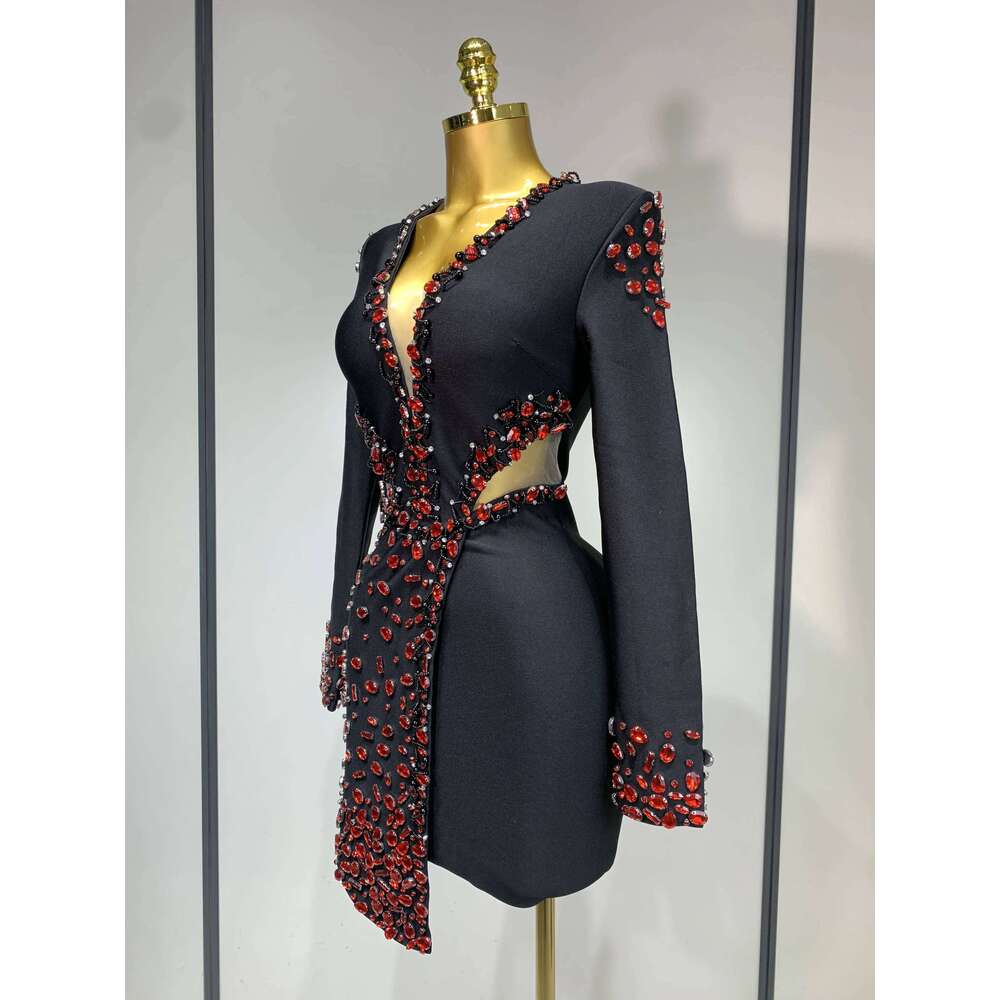 Luxury Birthday Women Celebrity Sexy Long Sleeve V Neck Rhinestone Black Bandage Dress Elegant Evening Club Party Dresses Gowns Dress Elegant