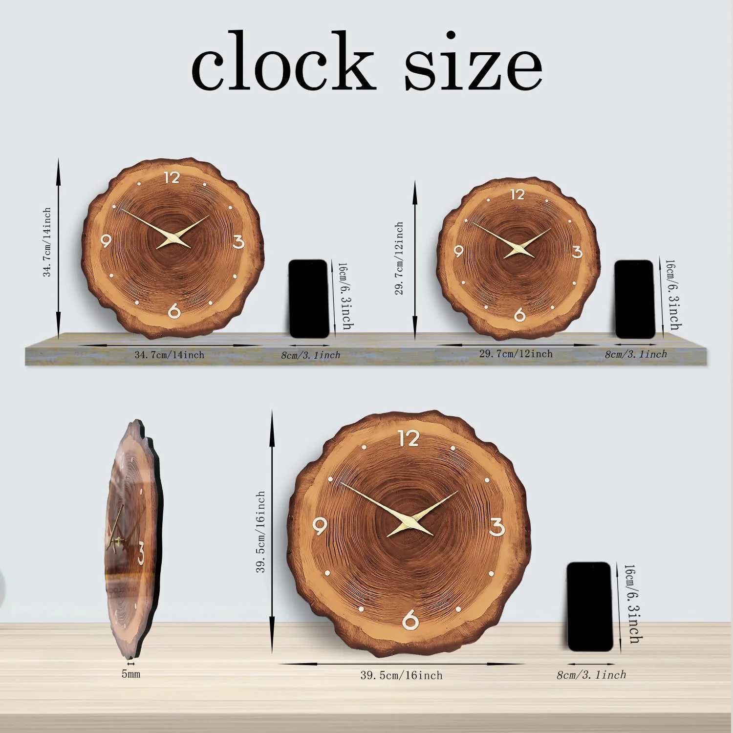 1pc wooden ring veneer wall clock flat wood cross section texture pattern solid wood pointer design wall clock silent clock D260318