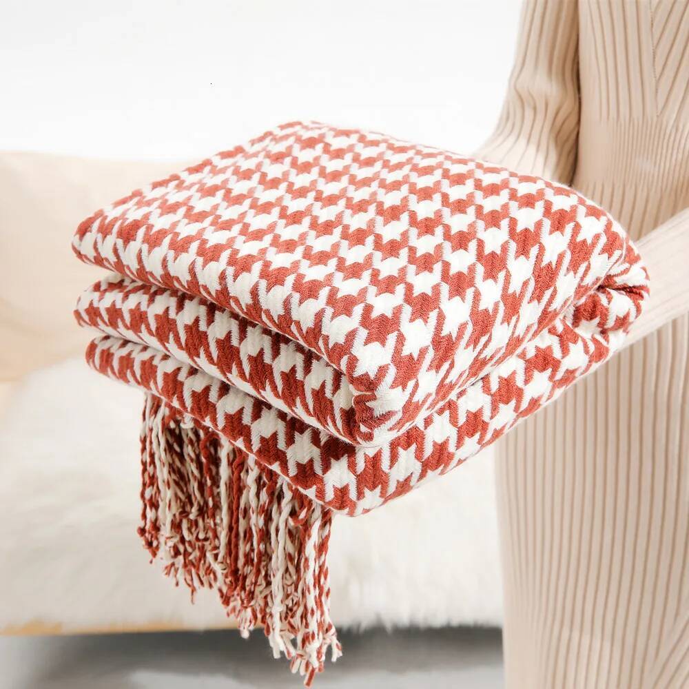 Simple Modern Throw Black and White Houndstooth Decor Sofa Blanket Homestay & Hotel Towel Bed Flag Soft Scarf Tassel
