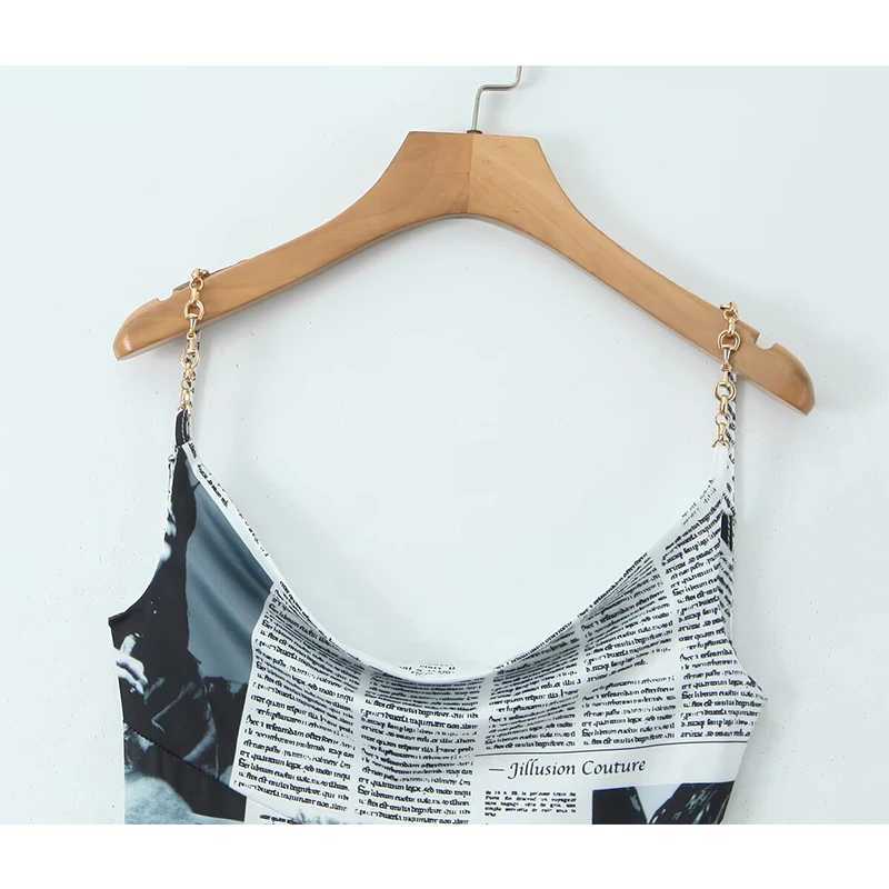 YENKYE New Women Newspaper Letter Print Irregular Hem Sling Dresses Fashion Backless Thin Straps With Chain Summer Sexy Dress L260305 - view 4