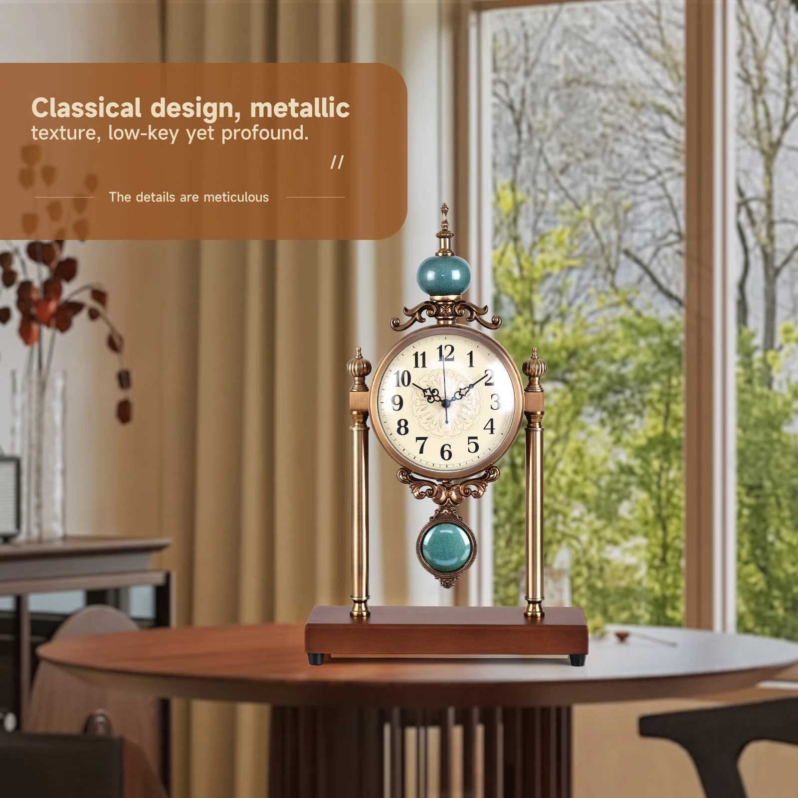 Vintage Fireplace Mantel Clock Silent Retro Desk Clock for Living Room Walnut Base with Metal Surface Antique Shelf Pendulum D260318