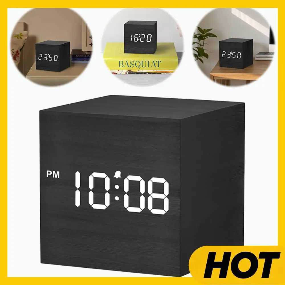 Wooden Digital Alarm Clock with Temperature LED Bedside Clock USB/Battery Powered LED Clock Art Ornament for Office Room Decor D260318