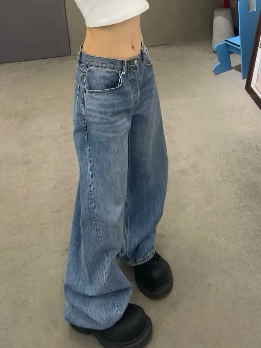 Gradient Spring 2025 Blue Jeans Women Y2K Vintage High Waisted Jeans Straight Streetwear Loose Large Wide Leg Denim PantsT260317