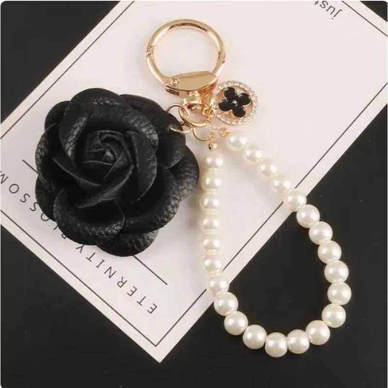 Cute Sweet Synthetic PU Leather Rose Camellia Flowers Keychain For Women Trinket Key Chains Ring Car Bag Pendent Charm D467 H260318 - view 7