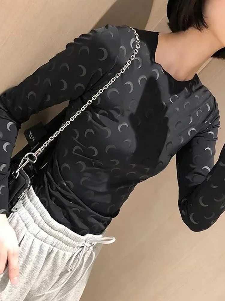 Fashionable Printed Slim Fit Elastic Long Sleeved Womens T-Shirt Korean Casual Thin Comfortable Round Neck with Women TopT260317