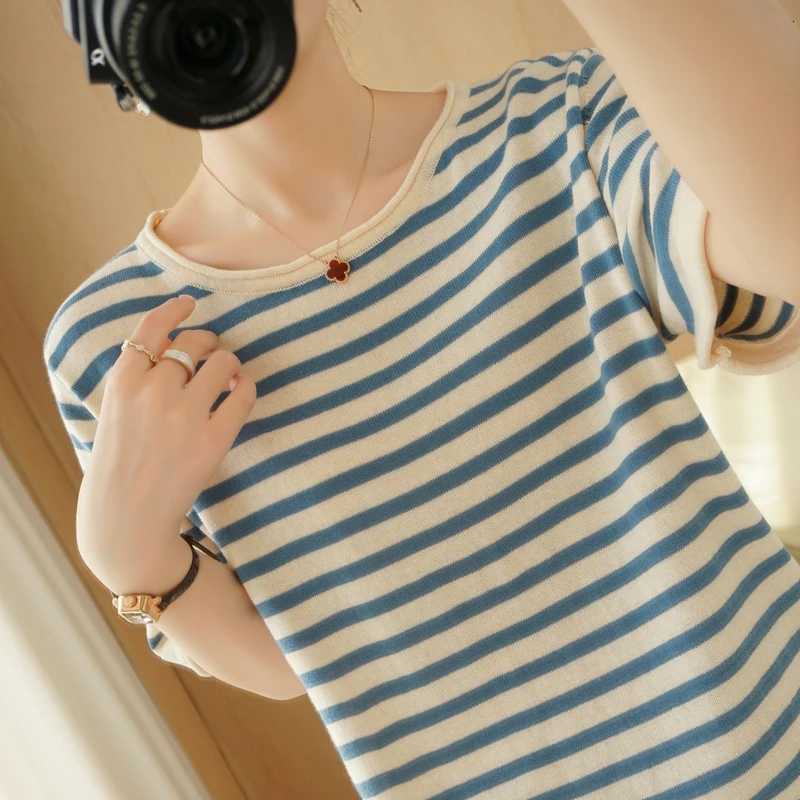 2026 Spring/Summer New Womens 100 Cotton Sweaters Round Neck Short Sleeve Striped T-Shirts Fashion Casual Outerwears PulloverT260317