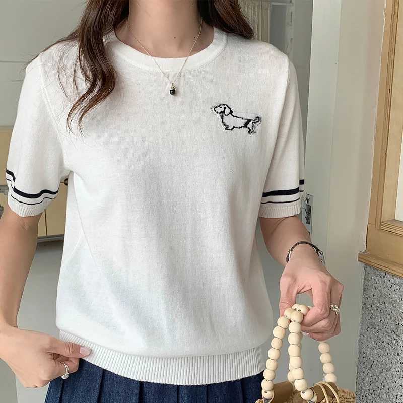 Womens T-Shirt Summer 100 Cotton Sweater Short Sleeve Knit Round Neck Ladies Top Loose Fashion Embroidery Tees Blouse PulloverT260317