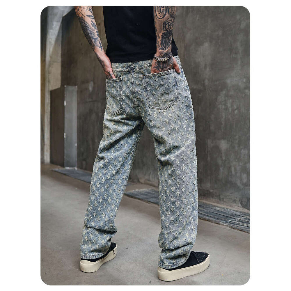 American-Style Jacquard Full-Print Jeans For Men, Summer Trendy Brand, Loose Straight-Leg Washed Casual Pants, Men's Thin Clothing