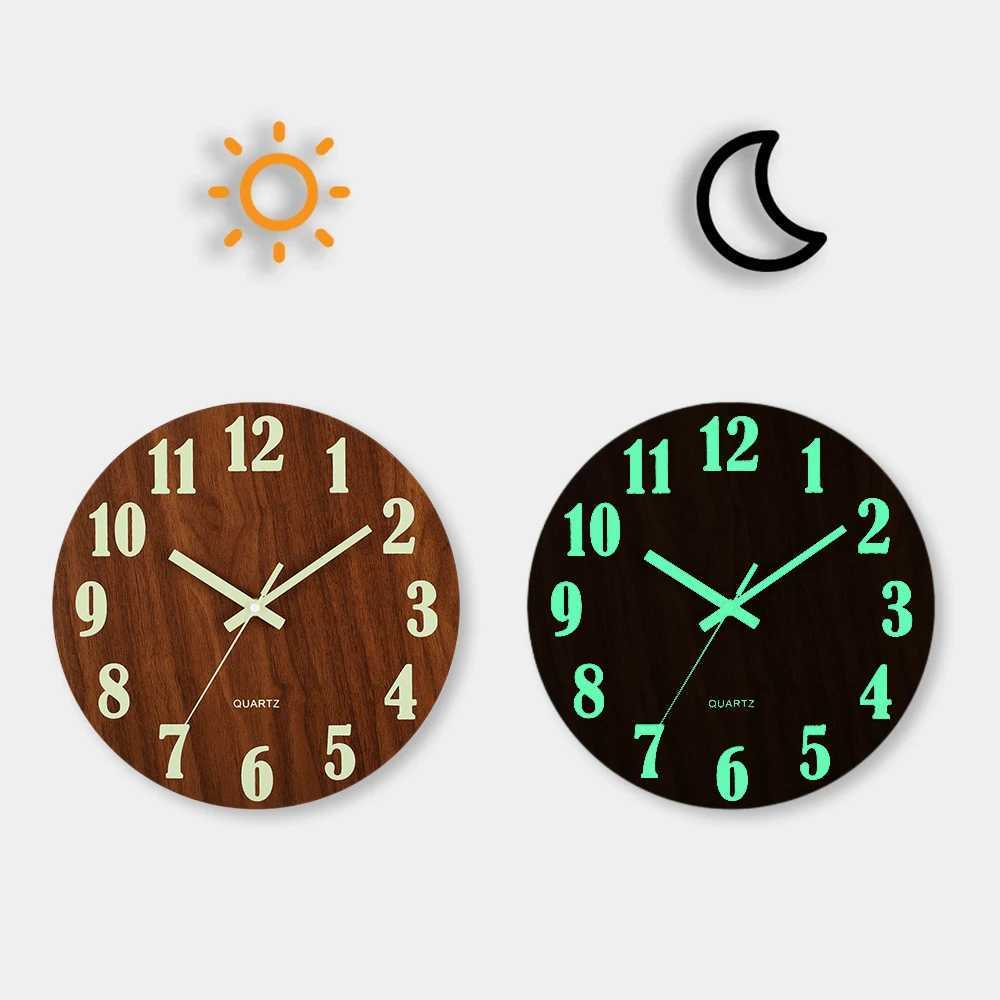 12 Inch Luminous Wall Clock Wood Silent light in dark night Nordic Fashion Wall Clock Non Ticking Clock With Night Light D260318