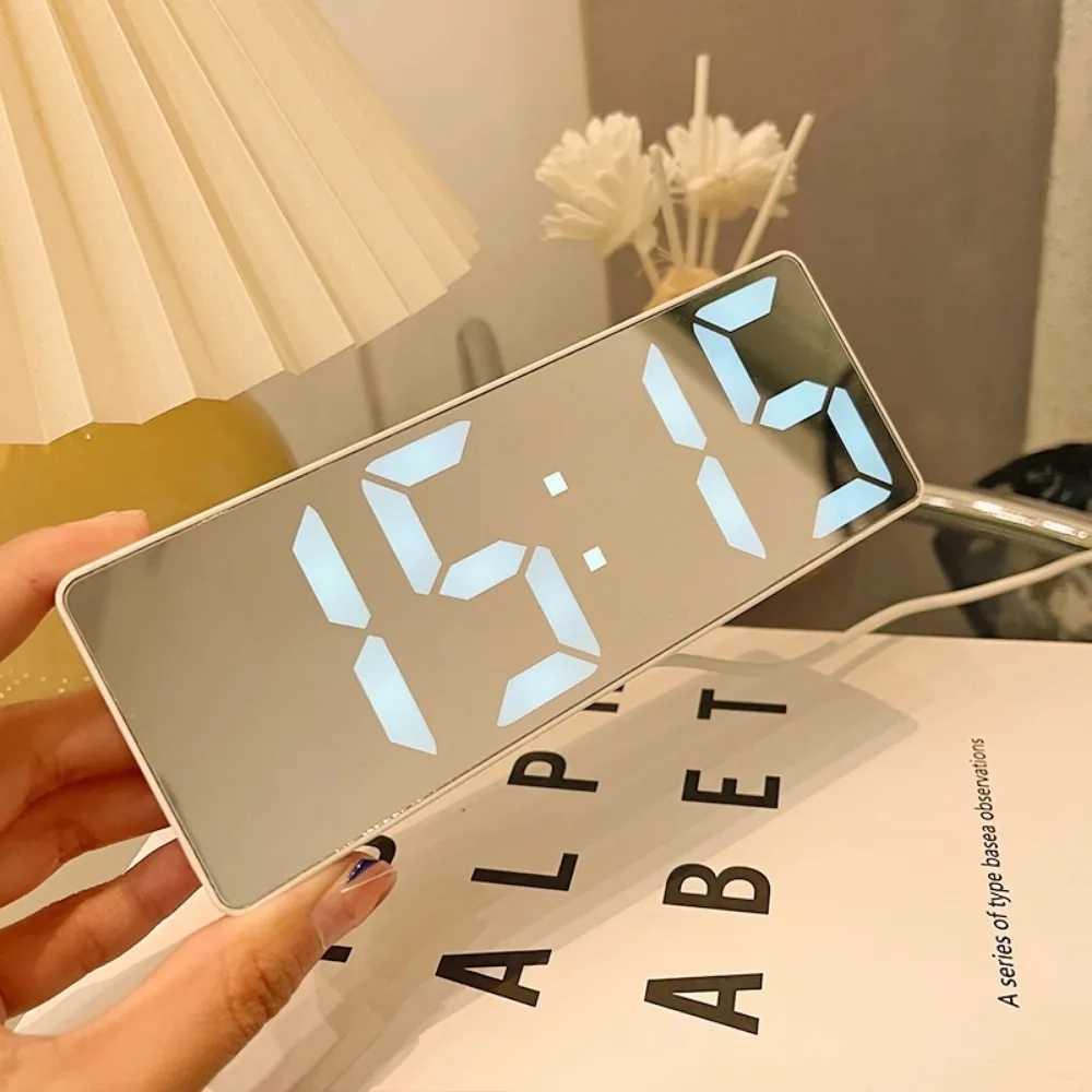 Smart Alarm Clock Bedside Table Led Alarm Clock Digital Childrens Electronic Alarm Clock Curved Screen Mirror Temperature D260318