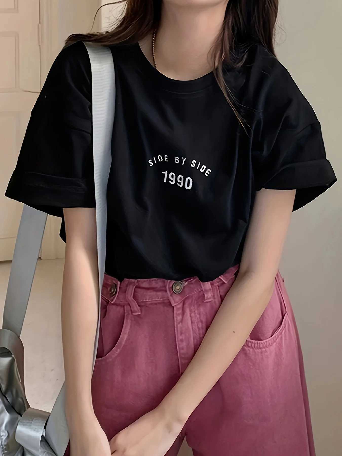 Korean Style 1990 Side By Side Letter Printed Female T-Shirt Summer Casual T Shirt Fashion Loose Streetwear Women TopsT260317
