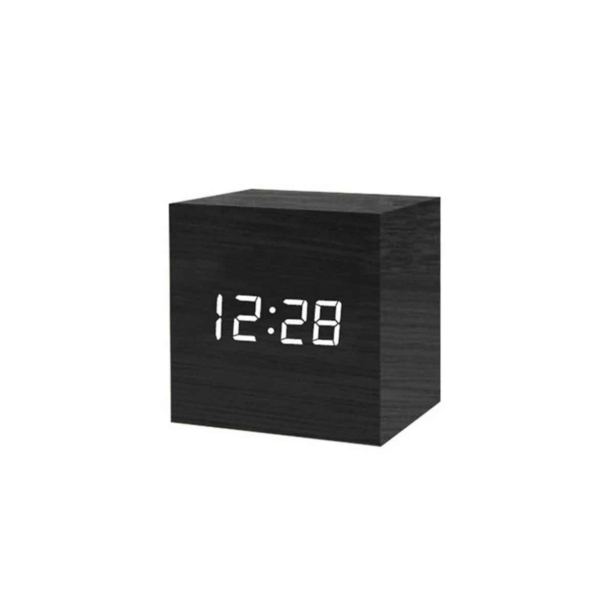Digital LED Alarm Clock Square Wooden Retro Luminous Clock Desktop Decoration Voice Control Function Desktop Clock D260318