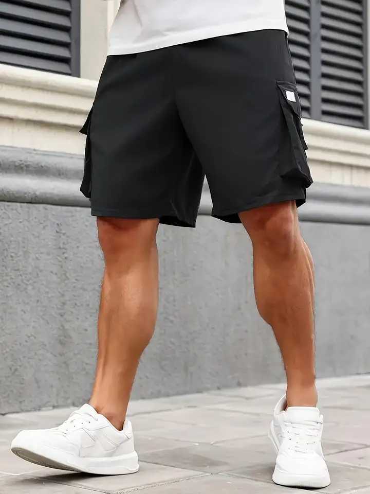 Mens Plain Regular Style Cargo Shorts with Drawstrings and Elastic Waistband Large Flap Pocket Pants Design Casual Shorts Suitable for Summer Basketba