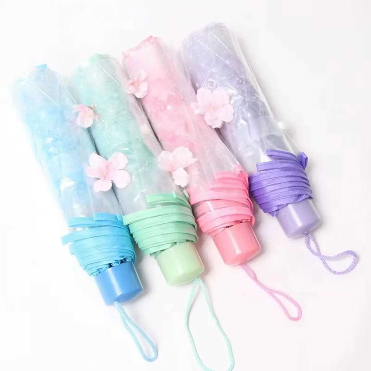 1pc Transparent umbrella windproof and rainproof cherry blossom girl umbrella PVC portable cute flower home rain gear H260318