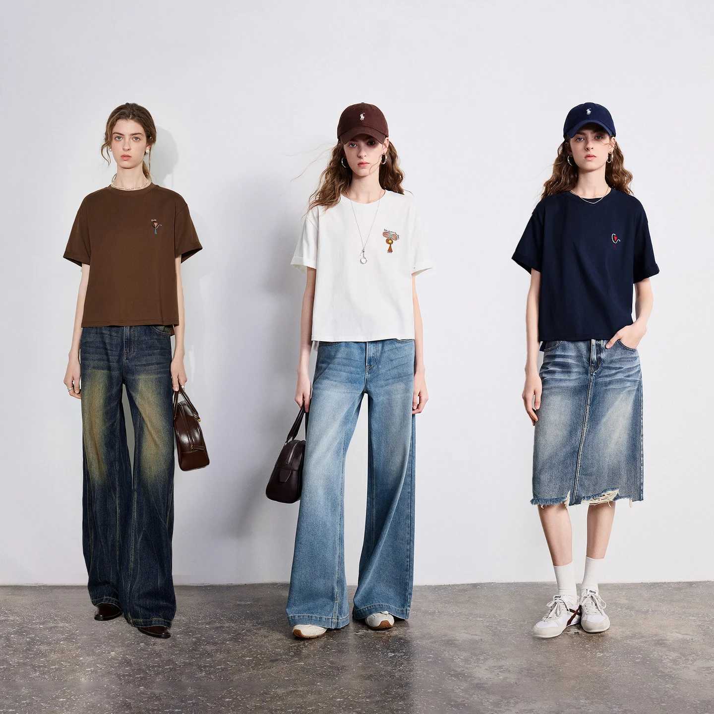 TOYOUTH Women T-shirt 2026 Summer New Embroidered by a Pure Cotton Illustrator with Short Front and Long Back TopT260317