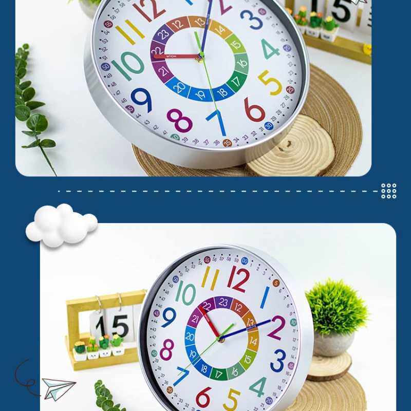 12 inch Silent Wall Clock Children Classrooms Teaching Clock Hanging Kids Room Non-Ticking Colorful Decorative Clock Home Decor D260318