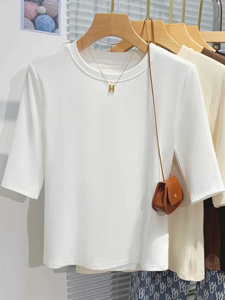 Summer 100 Cotton 2026 Womens T-shirt Bottoming Basic Crew Neck Fashionable Solid Lady Short Sleeve Tops ShirtsT260317