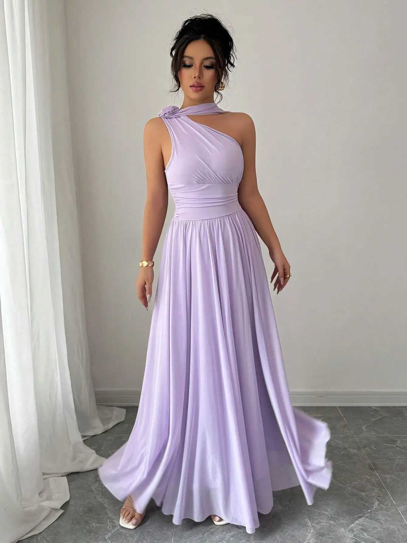 Lavender One-Shoulder Flowing Maxi Dress with Draped Neck and Pleated SkirtXJ260318
