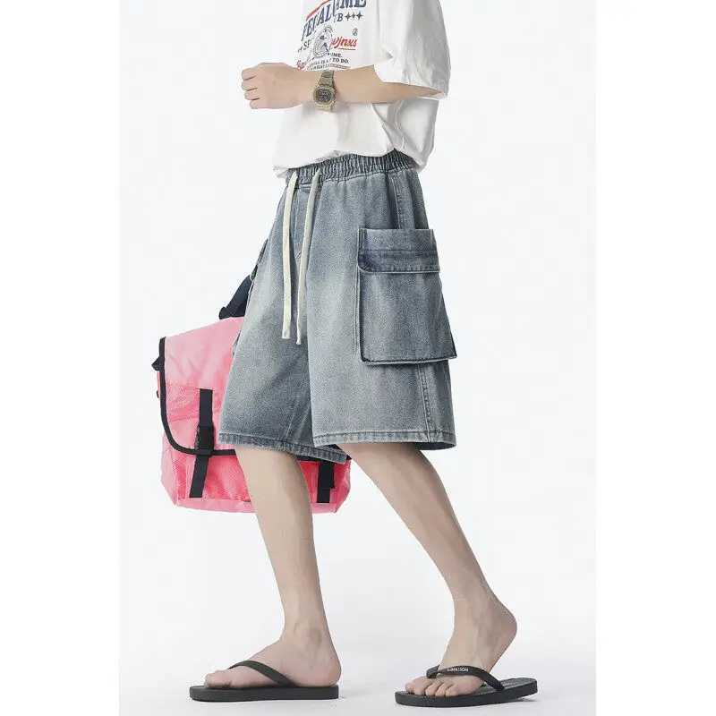 Mens Washed Denim Cargo Shorts Elastic Waistband Side Large Pockets Casual Summer Fashion Comfort Utility Workwear Street Style M260318