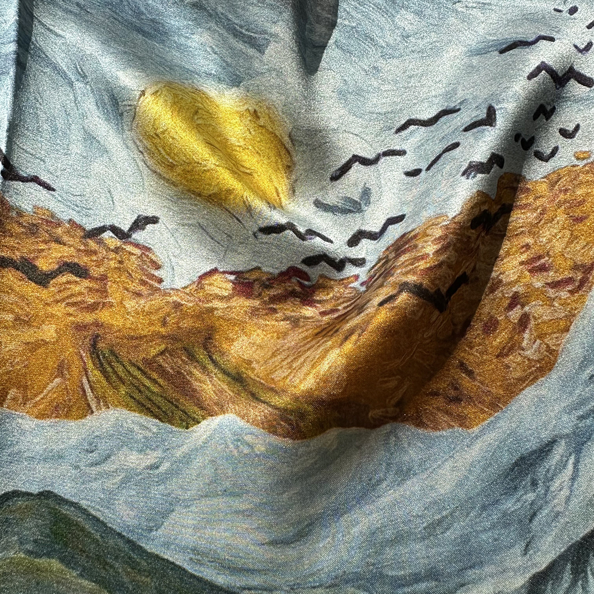 Green oil painting style rural elegance pure silk scarf for women in autumn and winter. 100% mulberry silk. 53cm small square scarf. Warmth for neck p