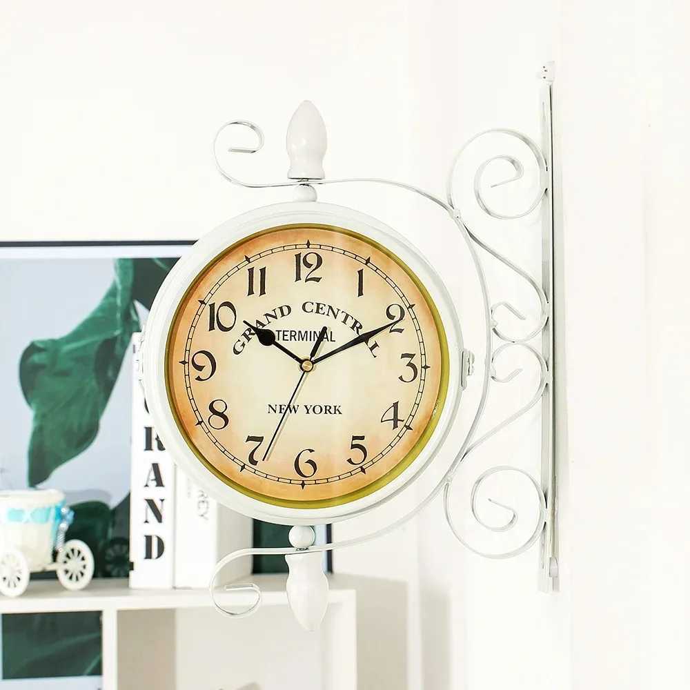 Double Sided Train Station Waterproof Wall Clock White for Garden Retro Wrought Metal Wall Clock Silent Indoor Outdoor Decor D260318