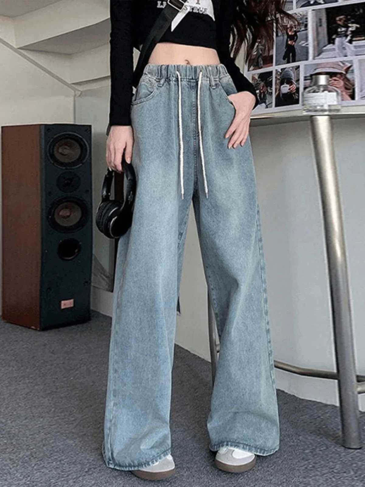 Botvotee Elastic Waist High Waist Wide Leg Jeans for Women Loose Straight Blue Long Denim Pants Female Fashion Streetwear JeansT260317