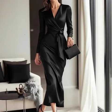 Ele Solid Color Slim Banquet Dress Casual Lady Long Sve Wrap Hips Party Dress Sexy V-neck High Waist Lace Up Satin DressXJ260318