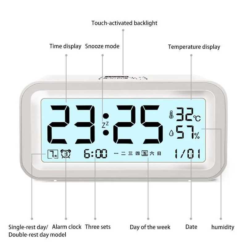 Multi-function Digital Clock LED Brightness Adjustable Temperature and Humidity Display Dual Mode Alarm Clock D260318